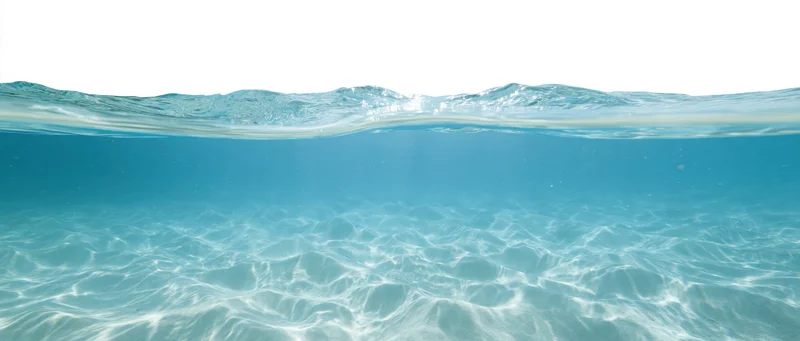 Split-level view of ocean surface and underwater sand with light ripples and reflections