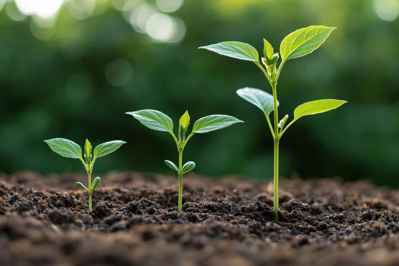 Three seedlings in progressive growth stages emerging from dark soil in a garden setting