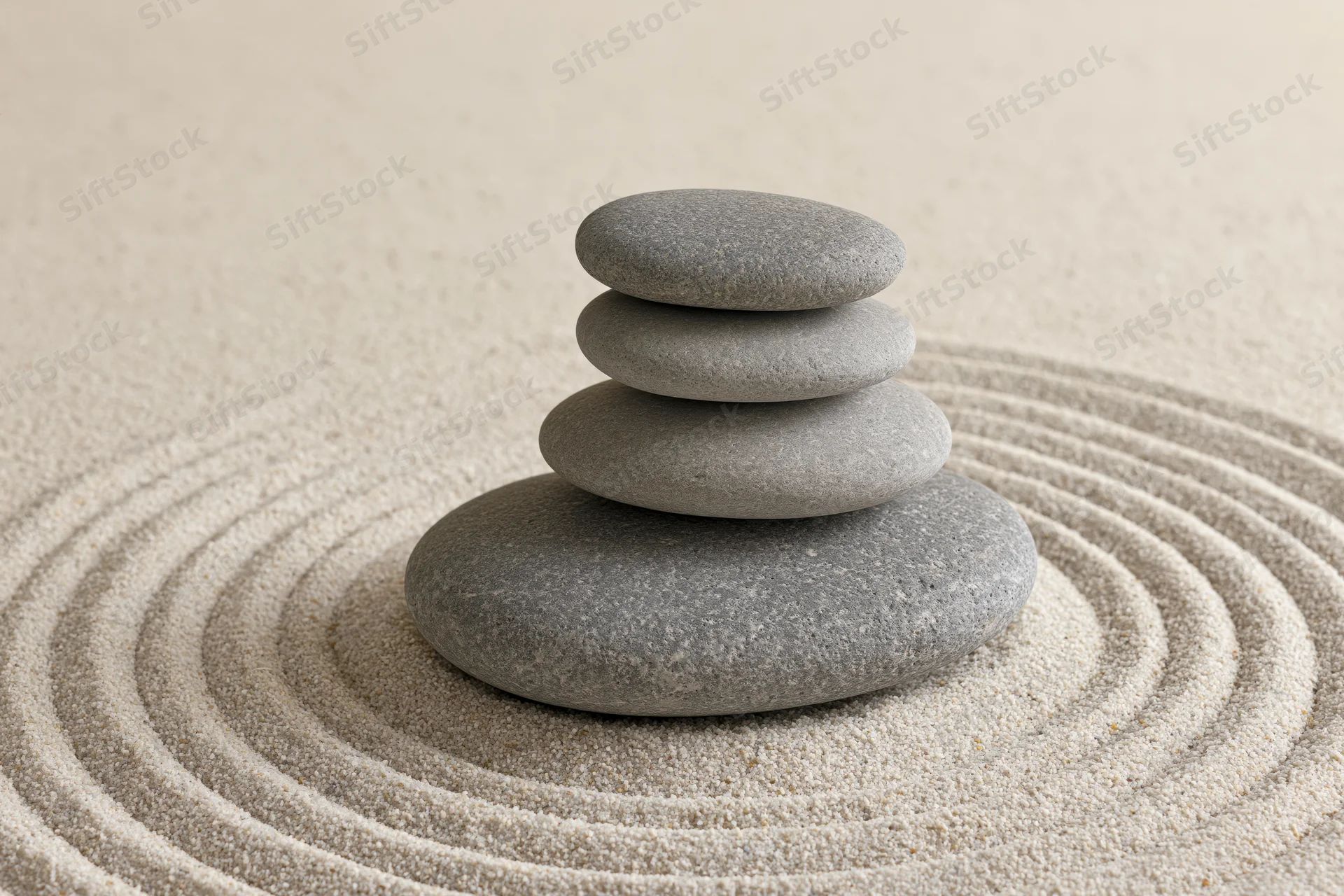 Smooth grey stones stacked in a balanced cairn on raked sand with concentric patterns