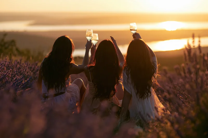 Three young women toasting with wine glasses in a lavender field at sunset