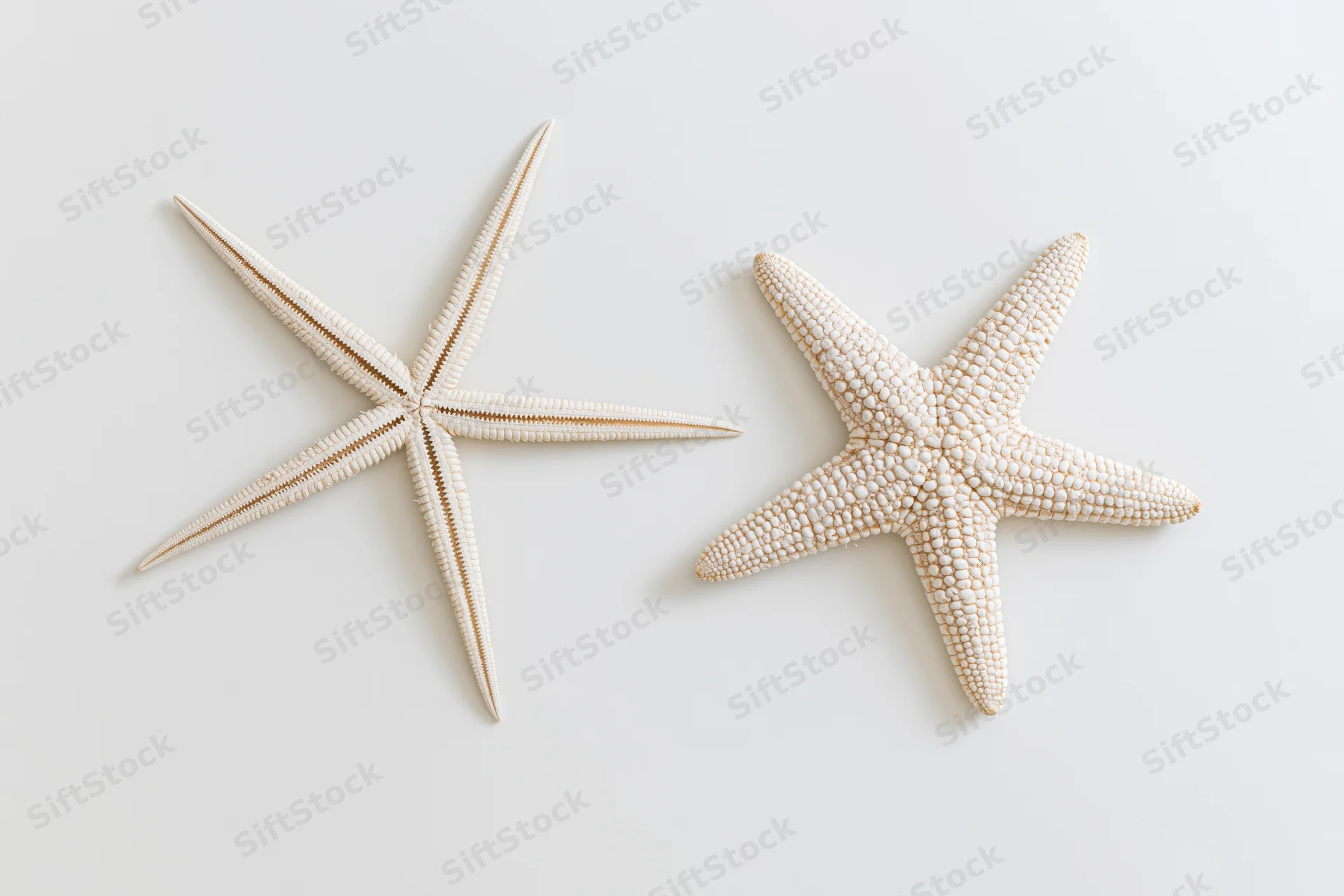 Two dried starfish lying flat on a white surface