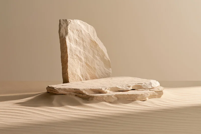 Two flat sandstone slabs arranged as a natural display platform on rippled sand in a desert setting