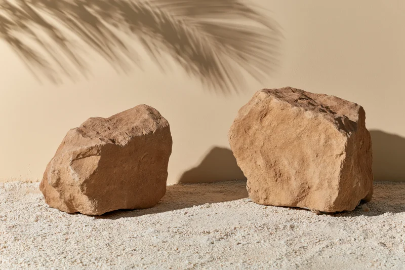 Two rough sandstone rocks arranged as natural display pedestals on gravel ground with palm shadow on beige wall