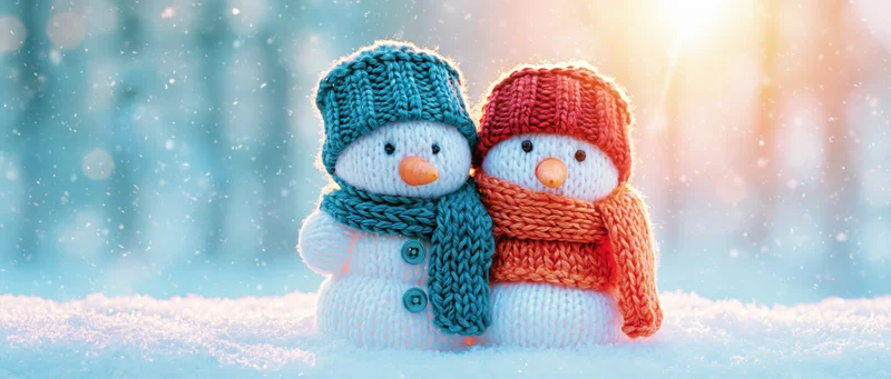 Two knitted snowman figurines standing side by side on snowy ground in winter forest setting