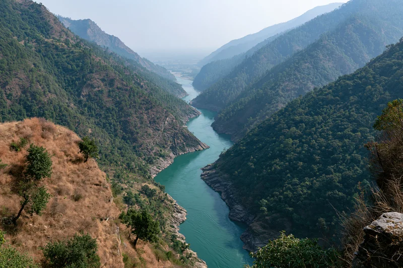 Turquoise river winding through deep canyon flanked by forested mountains