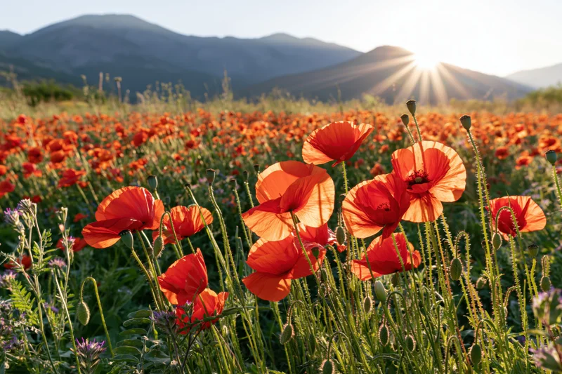 Red-orange poppies in full bloom across a mountain meadow at sunrise