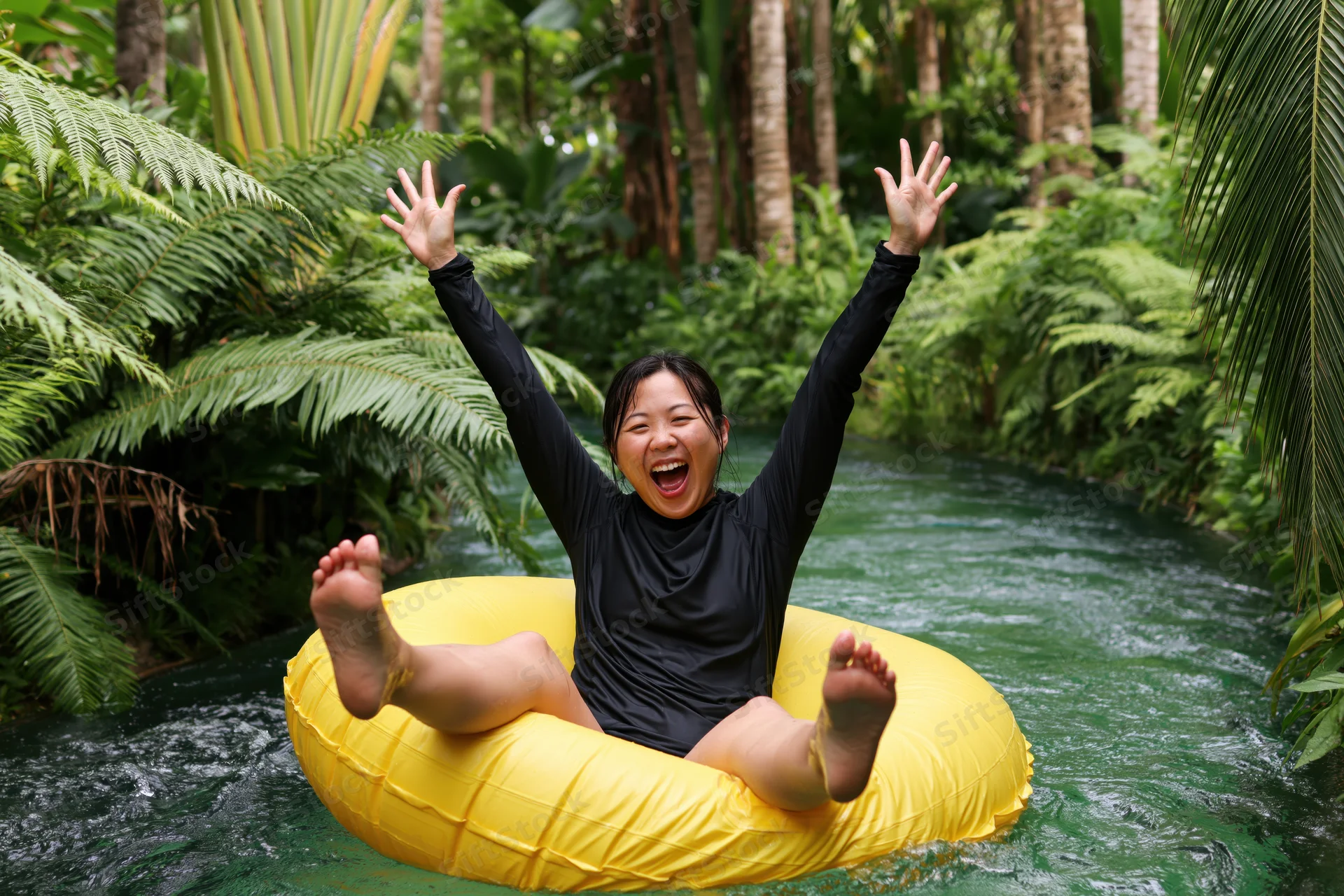 Woman floating in yellow inflatable ring on jungle river, arms raised in joy