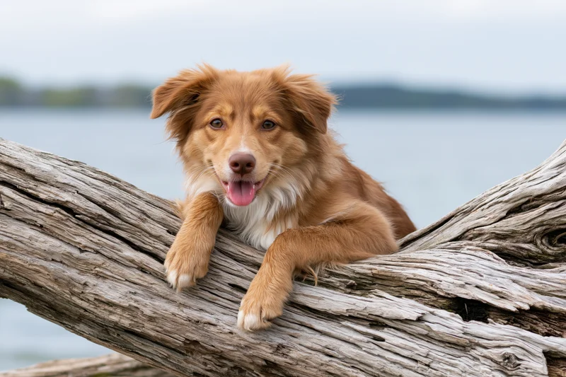 Golden-red border collie puppy resting on weathered driftwood by a lake