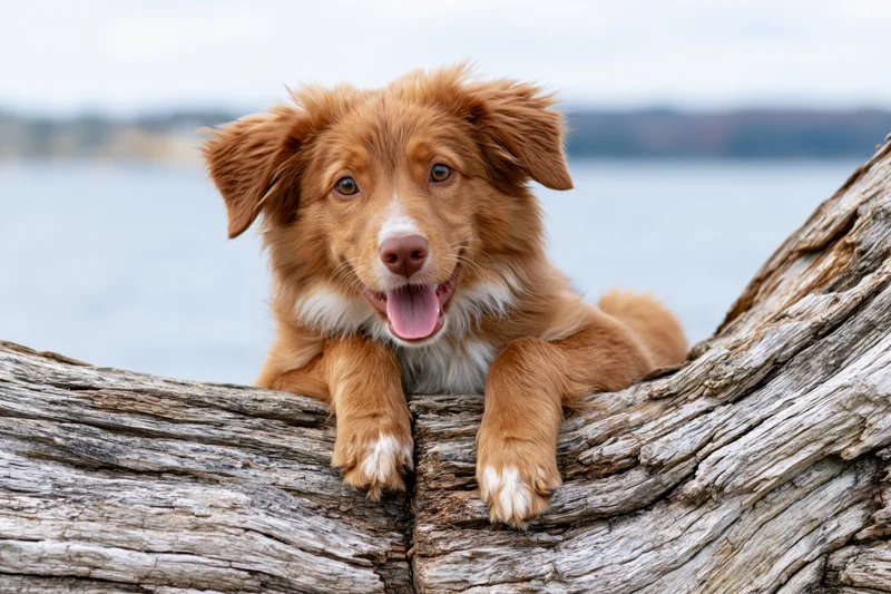 Golden-red border collie puppy resting its chin and paws on driftwood by a lake