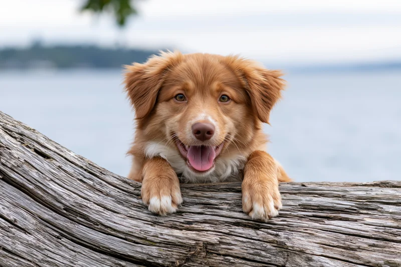 Golden-red border collie puppy resting chin and paws on weathered log by lake
