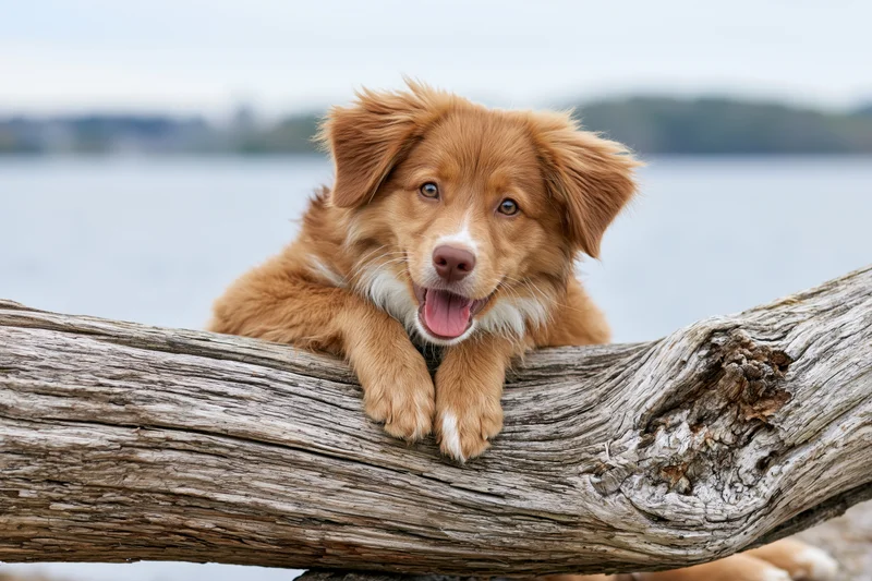 Young golden-red border collie puppy resting chin and paws on a weathered log by a lake