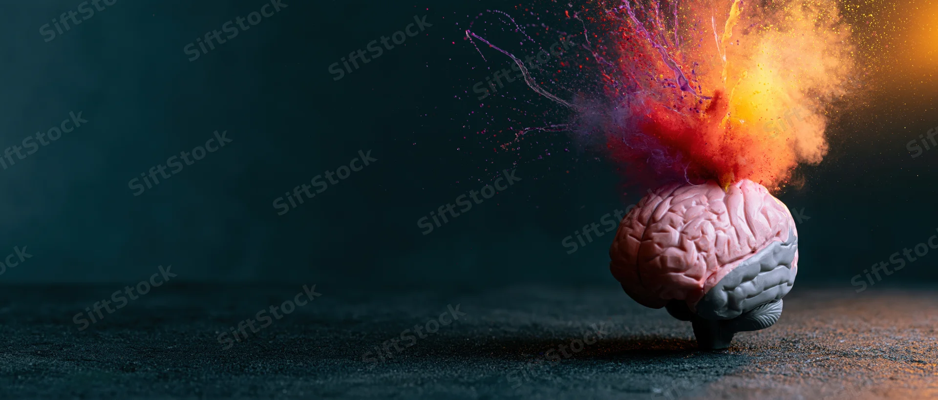Anatomical brain model with colorful powder explosion on dark surface