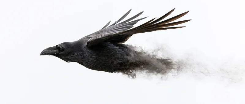 Black raven in mid-flight with wings spread and body dissolving into smoke against white background