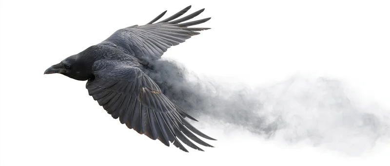 Black raven in mid-flight with wings spread, trailing smoke against white background