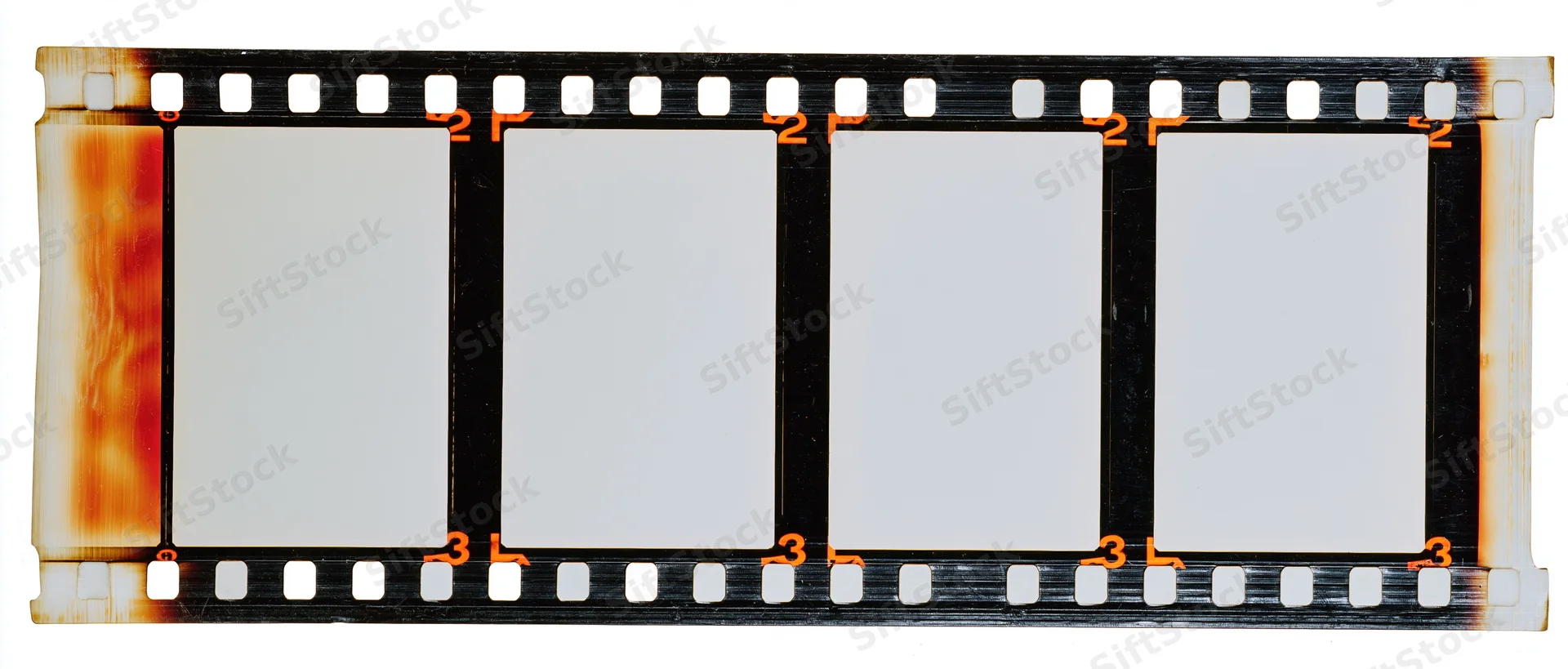 Blank 35mm film strip with four empty white frames and orange-brown stains on edges, isolated on white