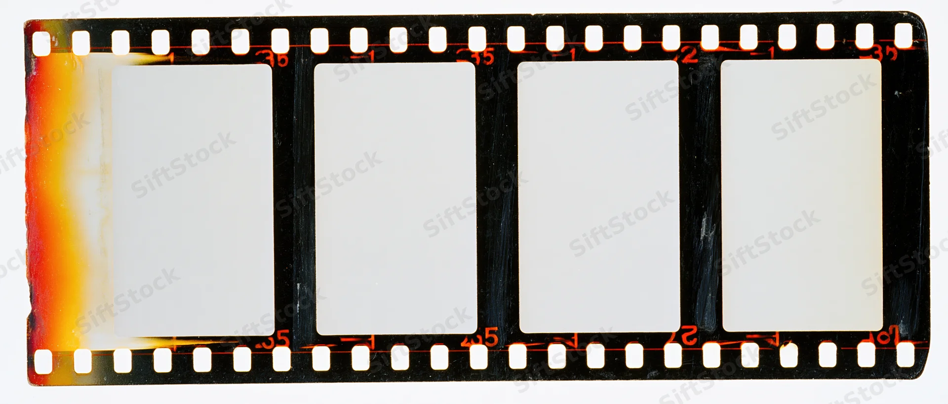Blank 35mm film strip with four empty white frames and red-orange edge damage on white background