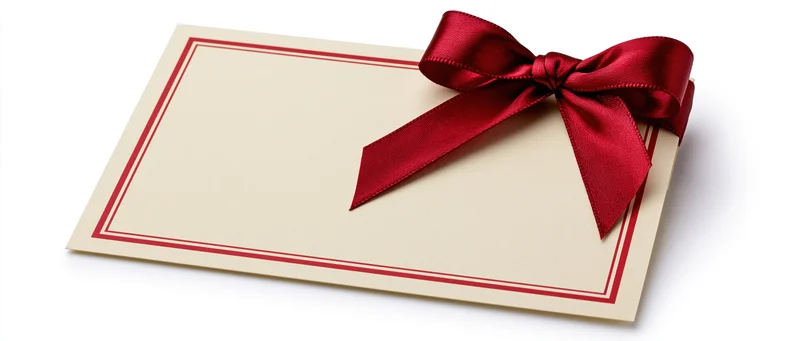 Blank cream gift card with red satin ribbon bow on white background