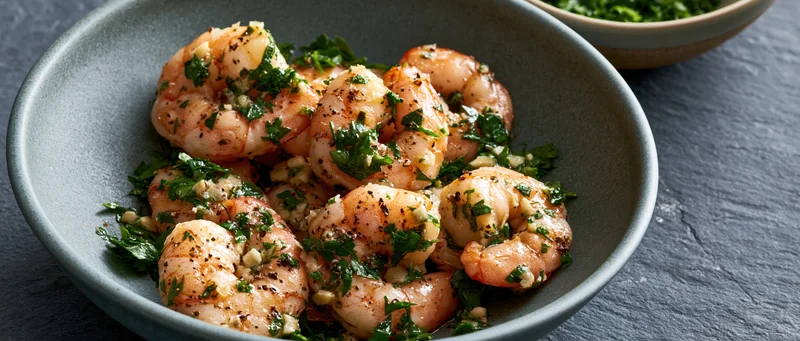 Sauteed shrimp with chopped parsley in a bowl on slate surface