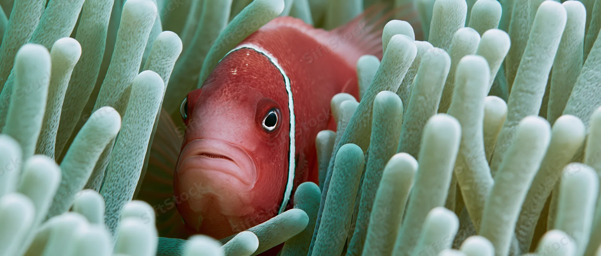 Clownfish nestled among sea anemone tentacles in underwater closeup