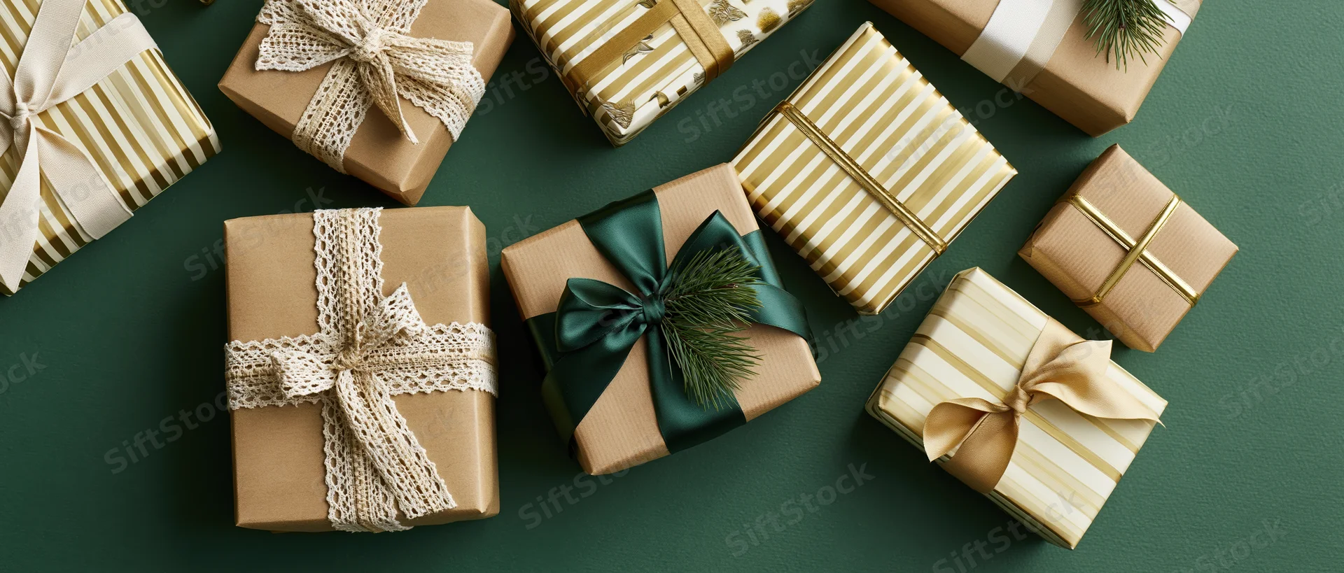 Wrapped gift boxes arranged on a dark green surface with ribbons and bows in festive holiday styles