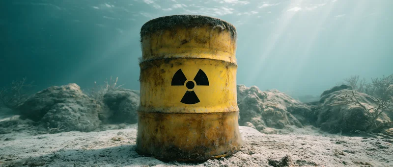 Corroded yellow metal barrel with radioactive symbol resting on ocean seabed among rocks and dead coral