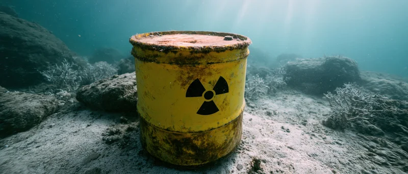 Corroded yellow metal barrel with radioactive symbol resting on ocean floor among rocks and coral