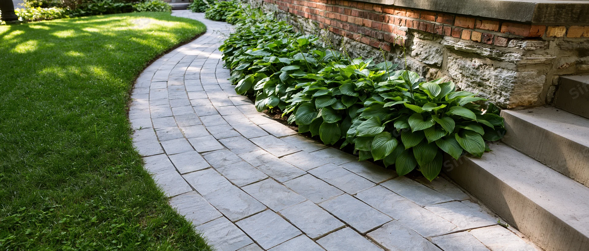 Curved stone pathway winding through a garden beside a brick wall and steps, bordered by hosta plants and lawn