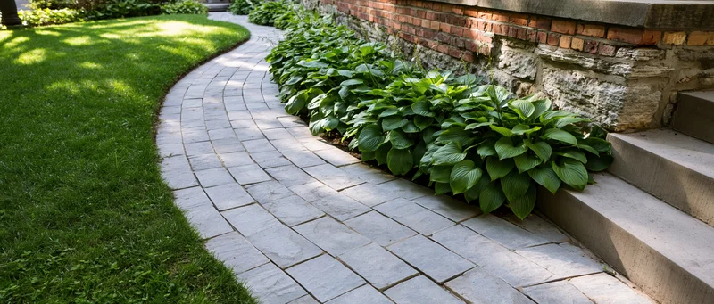 Curved stone pathway winding through a garden beside a brick wall and steps, bordered by hosta plants and lawn