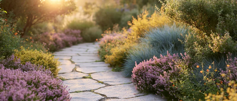 Curved stone path winding through lush cottage-style garden with blooming lavender and shrubs at sunrise