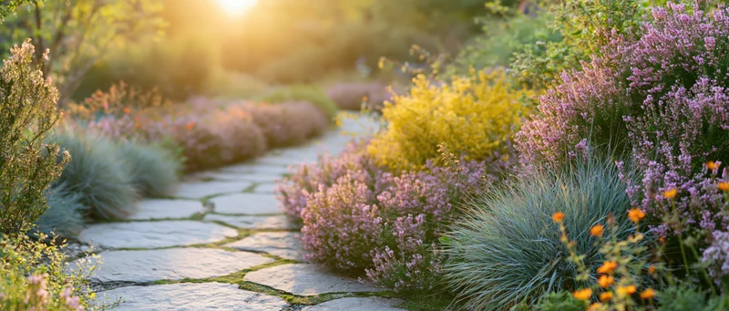 Curved stone path winding through blooming cottage garden with colorful flowers and greenery at sunrise