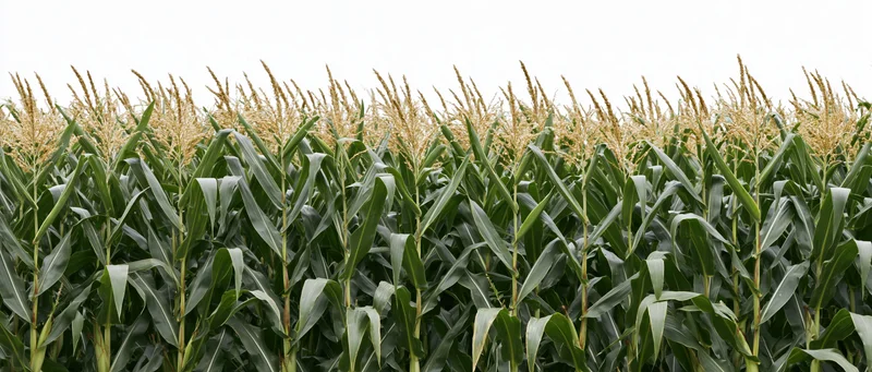 Dense row of mature corn stalks with tassels at peak growth in a field