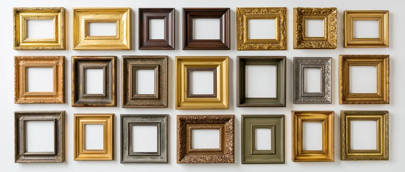 Ornate picture frames arranged in a grid on a white wall for display