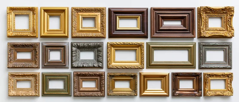 Grid of ornate picture frames arranged on white background for product display