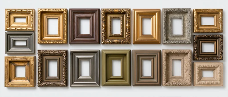 Ornate picture frames arranged in a grid on a white background