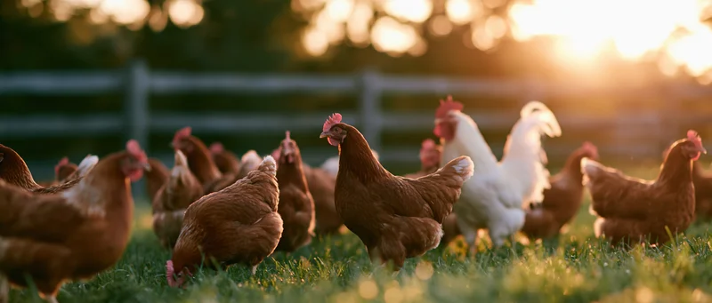 Chickens foraging in a grassy meadow at sunset near a wooden fence