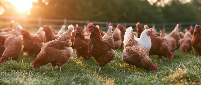 Free-range hens foraging on grass in a fenced pasture at sunrise