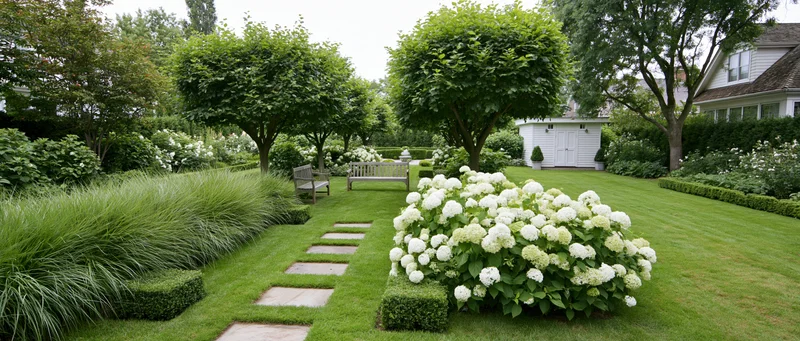 Formal residential garden with manicured lawn and stepping stones leading to a bench surrounded by hydrangeas and hedges