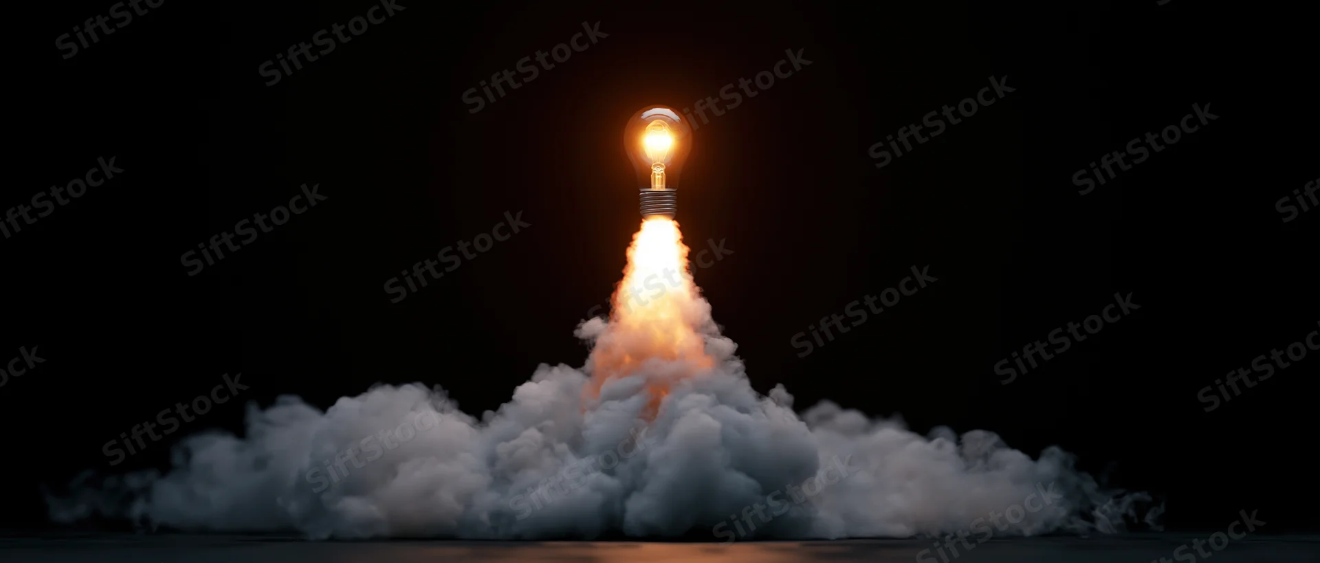 Glowing lightbulb launching upward with flames and smoke against dark background