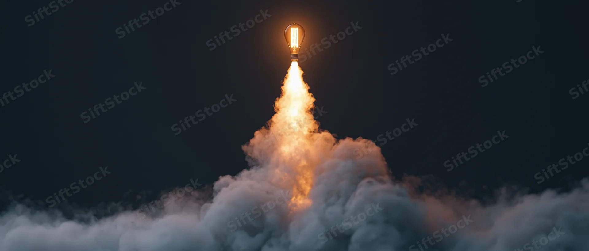 Glowing lightbulb launching upward through smoke and fire at night