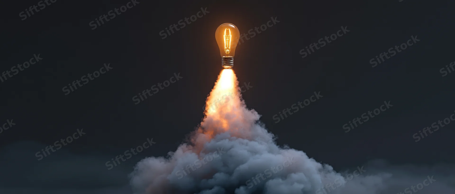 Glowing lightbulb launching upward with fiery exhaust through clouds in dark sky