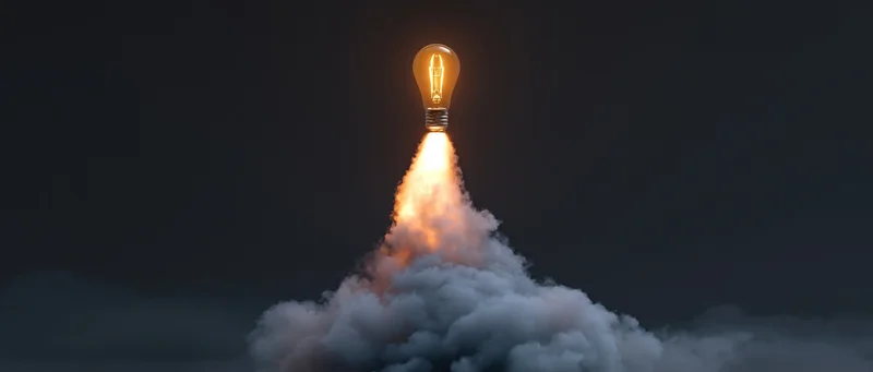 Glowing lightbulb launching upward with fiery exhaust through clouds in dark sky