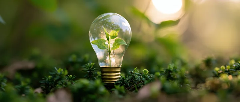 A glowing lightbulb containing a small green plant growing inside, placed among foliage in a sunlit outdoor setting