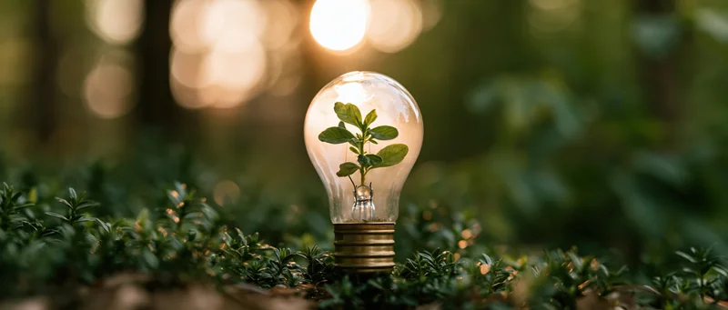 Lightbulb with a small green plant growing inside, placed on forest ground with sunlight filtering through trees