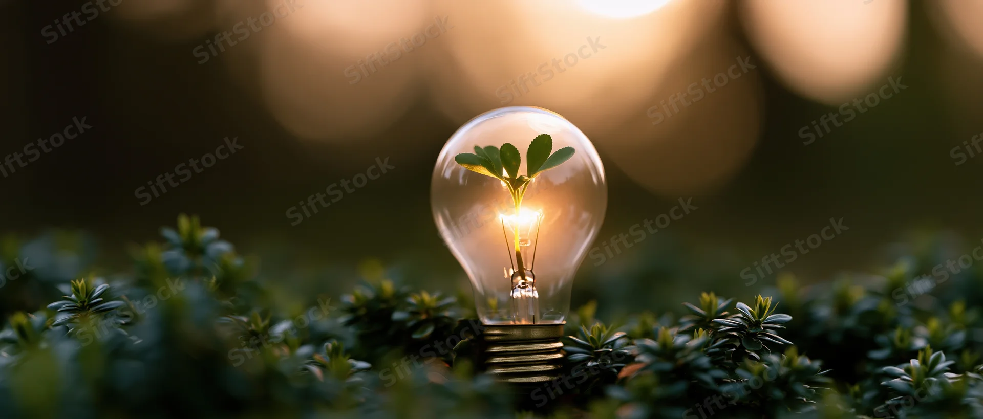 Glowing lightbulb with small green plant growing inside, placed among dark green foliage