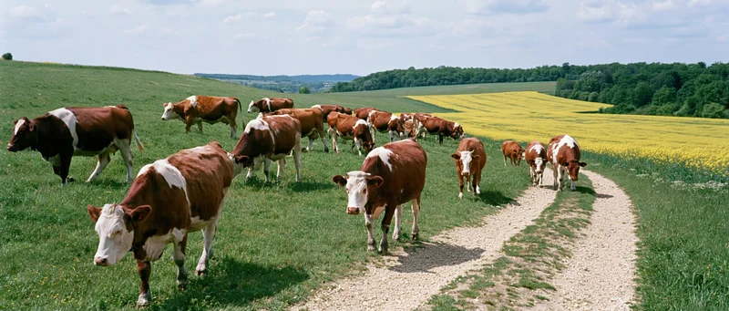 Herd of brown-and-white cattle grazing on a green hillside beside a dirt path