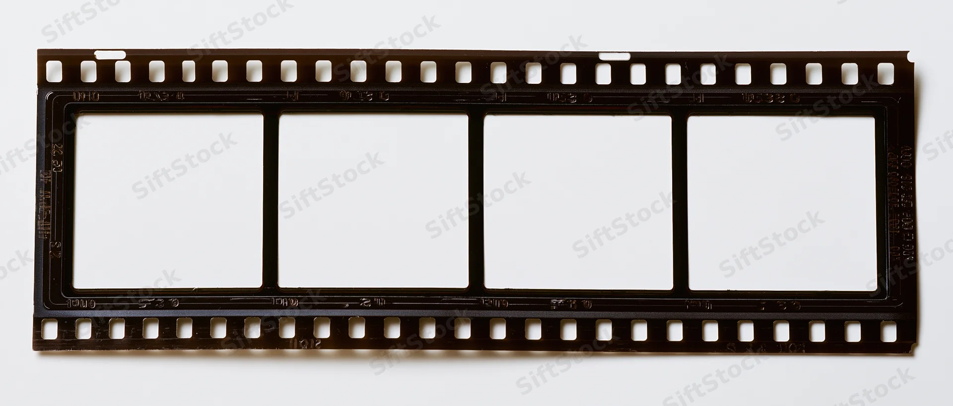 Horizontal 35mm film strip with four blank white exposed frames on white background