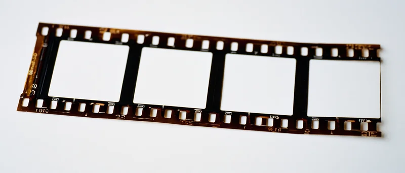 Horizontal 35mm film strip with four blank white exposed frames on white background