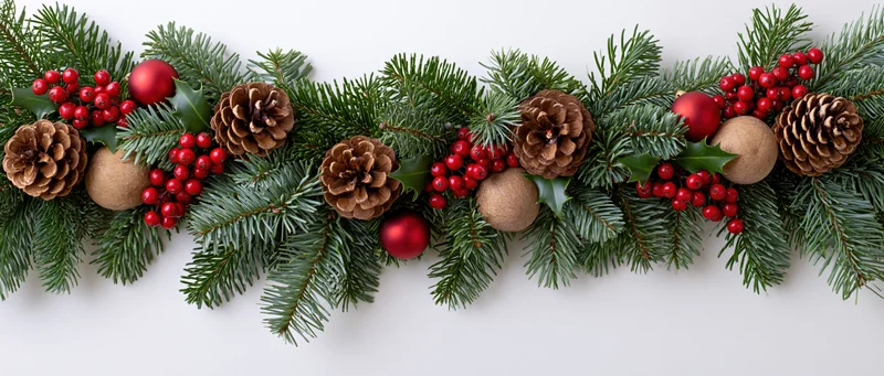Horizontal christmas garland with evergreen branches, pinecones, red berries and ornaments on white background