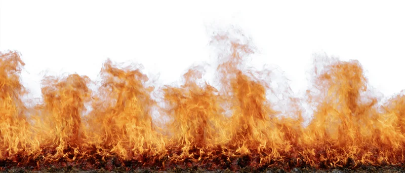 Horizontal band of fire flames burning across the full width on white background