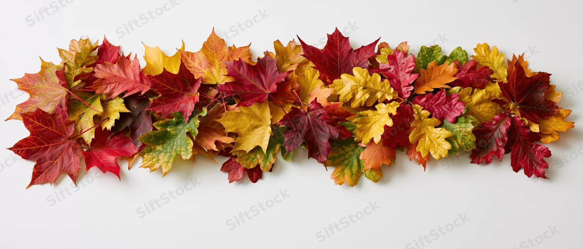 Horizontal row of colorful autumn leaves arranged on white surface